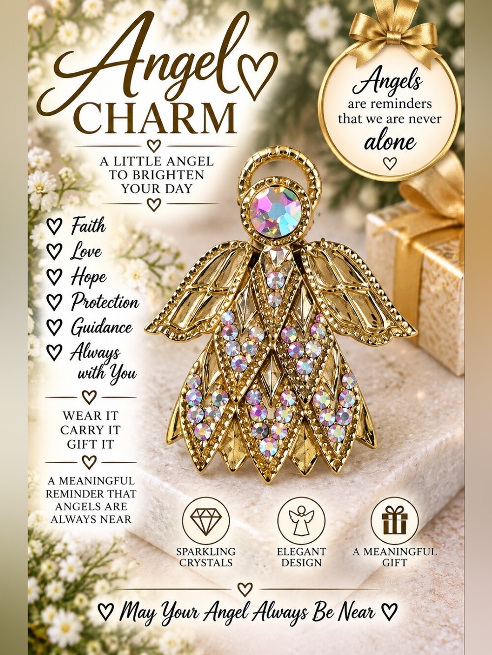 607 Gold Crystal Angel Brooch - Sparkling Gold-tone Angel Pin